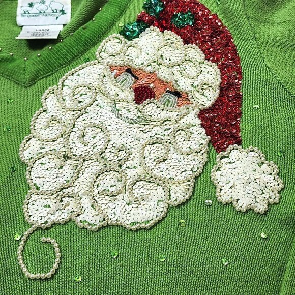 Quacker Factory Vintage Green Christmas V-Neck Sweater, Women's Large - Picture 3 of 10